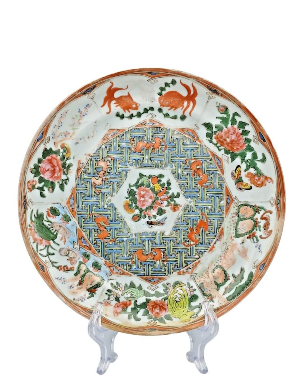 Antique Chinese Famille Rose Plate Goldfish Bats Floral Porcelain 9.5"